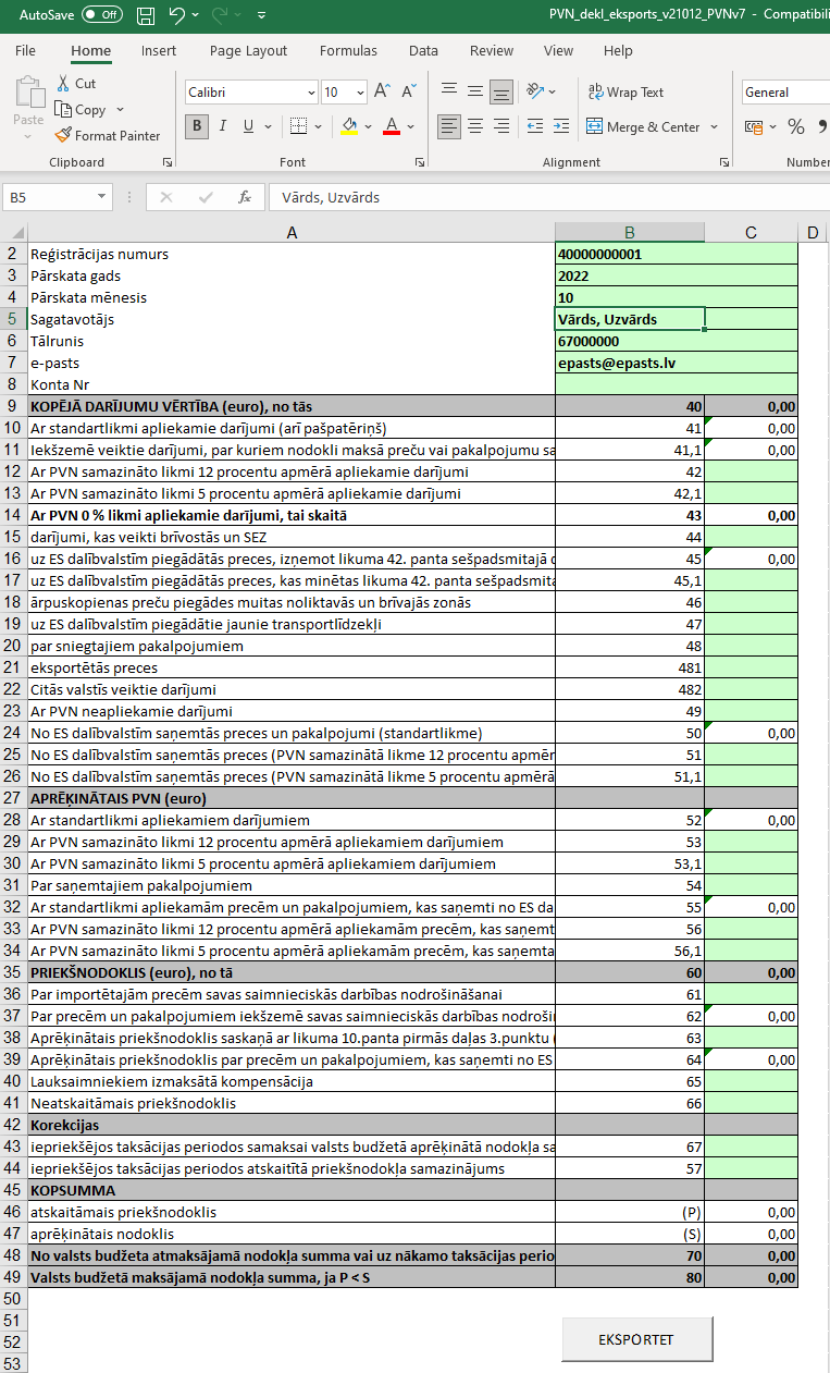PVN deklarācijas Excel veidne - galvenā forma